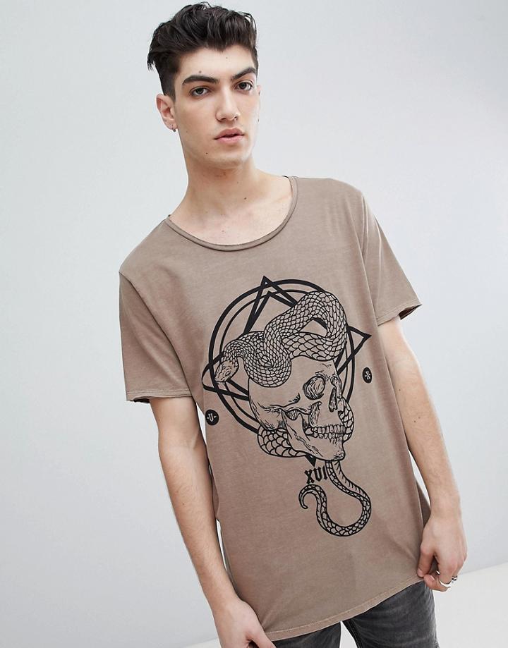 Asos Design Longline Scoop Neck T-shirt With Macabre Snake Print And Curved Hem - Brown