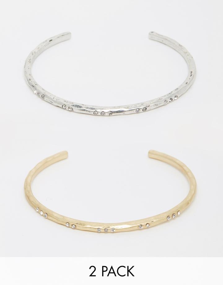Asos Pack Of 2 Crystal Hammered Open Cuff Bracelets - Gold