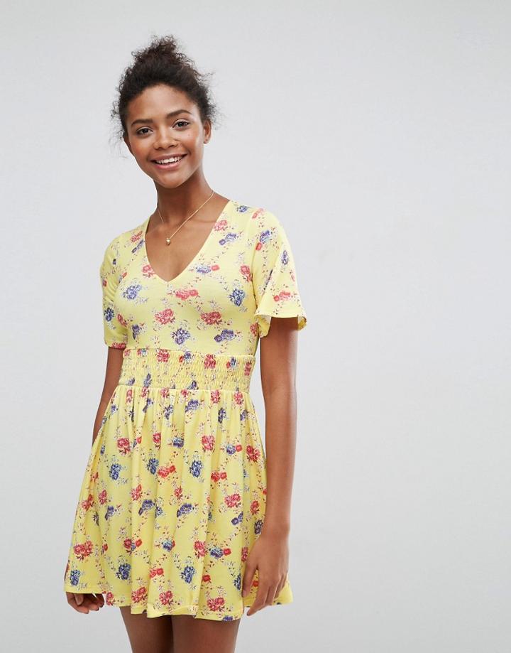 Asos Shirred Waist Tea Dress With Frill Sleeve In Floral Print - Multi