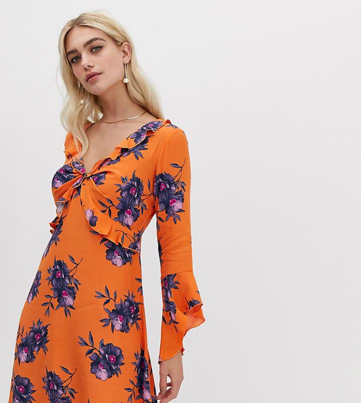 River Island Floral Print Frill Front Tea Dress - Orange