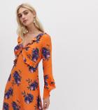 River Island Floral Print Frill Front Tea Dress - Orange