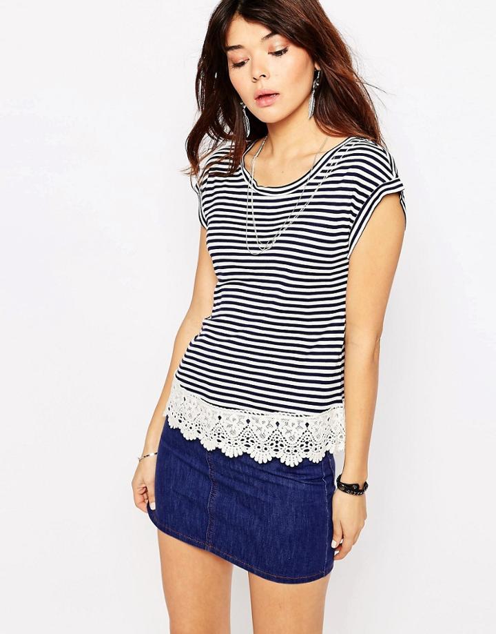 Brave Soul Stripe Crochet Trim T-shirt - Navy