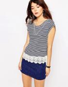 Brave Soul Stripe Crochet Trim T-shirt - Navy