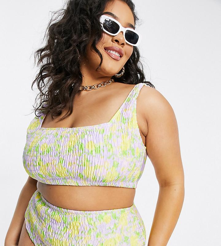 Asos Design Curve Mix And Match Shirred Crop Bikini Top In Floral Print-multi