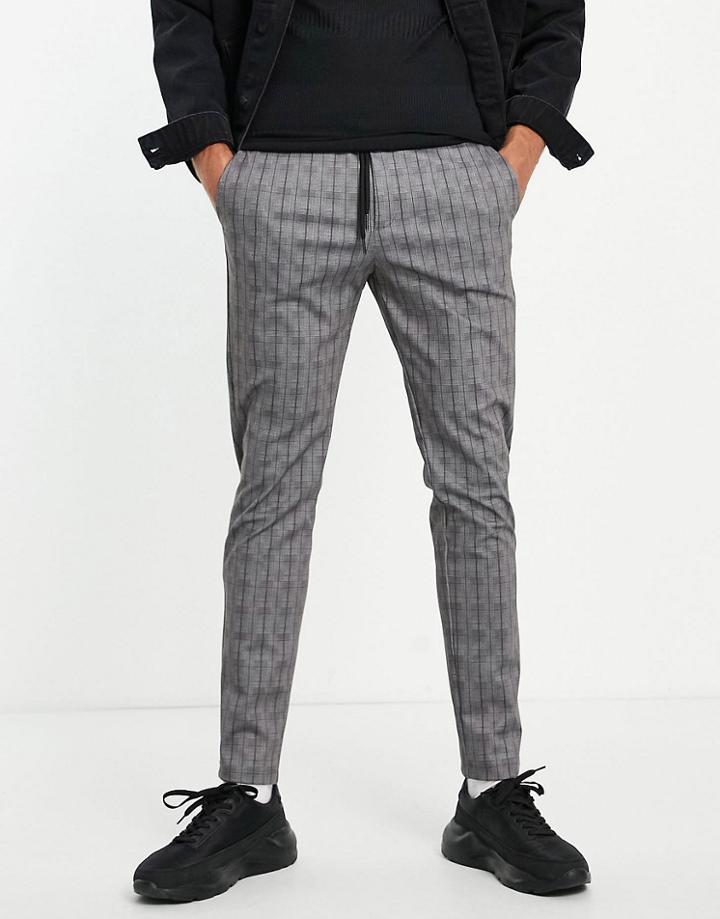 Jack & Jones Intelligence Drawstring Waist Trouser In Gray Check-grey