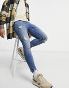 Pull & Bear Premium Skinny Fit Jeans With Rips In Mid Wash Blue-blues