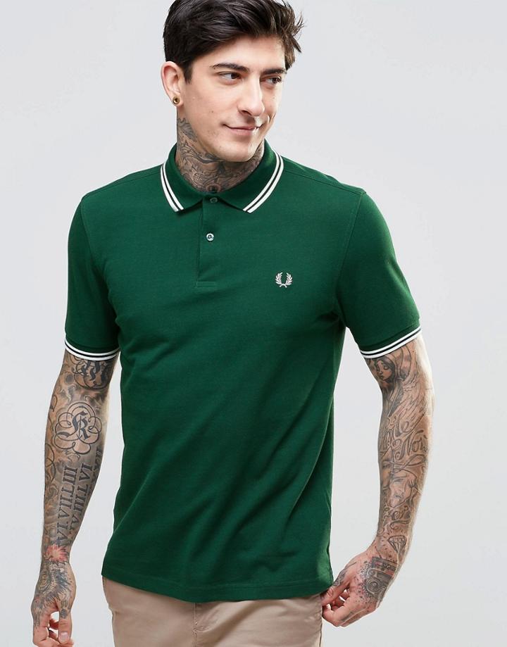 Fred Perry Polo Shirt With Twin Tip Slim Fit In Dark Green - Ivy