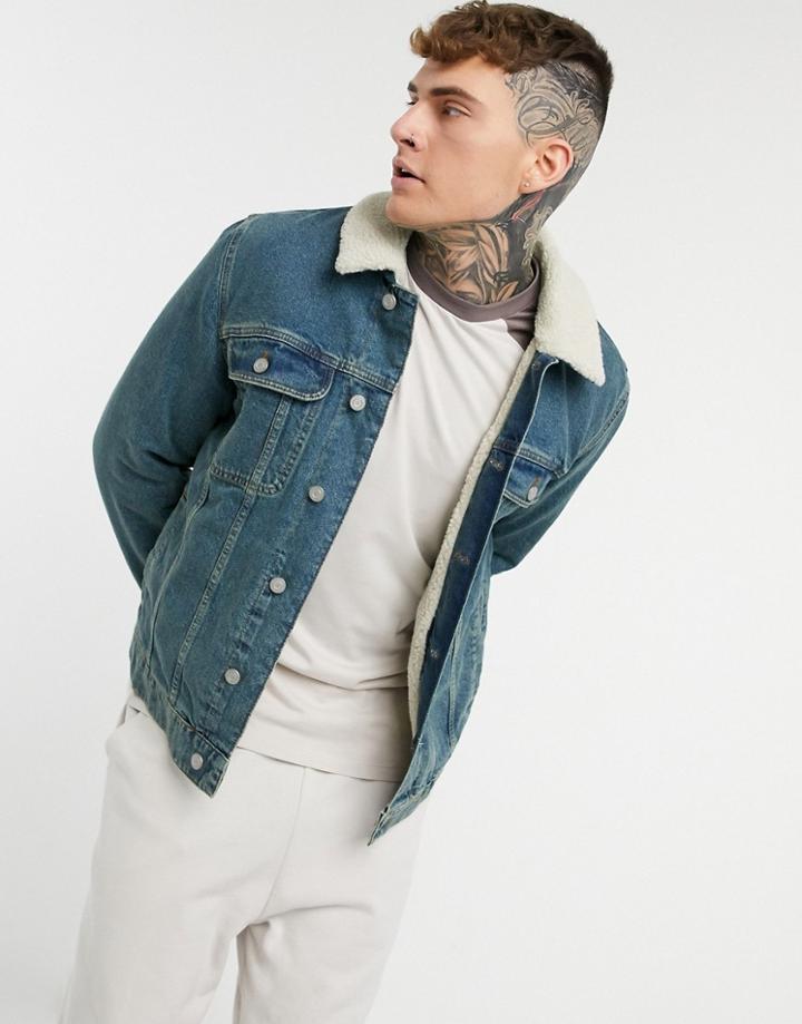 Asos Design Denim Jacket With Teddy Lining In Lightwash Blue