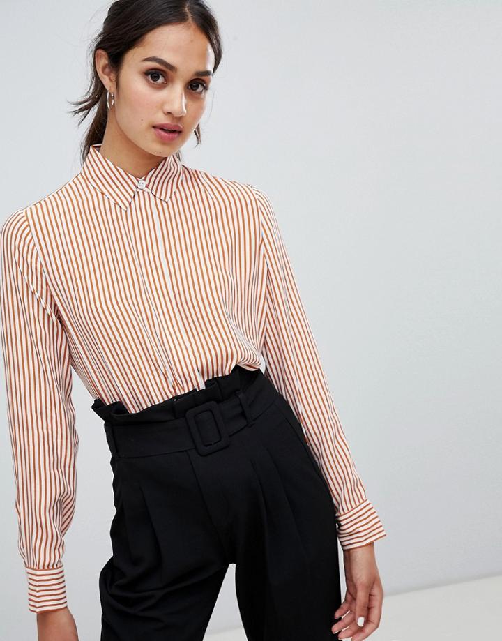 Bershka Stripe Front Button Long Sleeved Blouse - Yellow