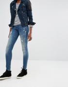 Only Coral Low Waist Paint Splash Skinny Jeans - Blue