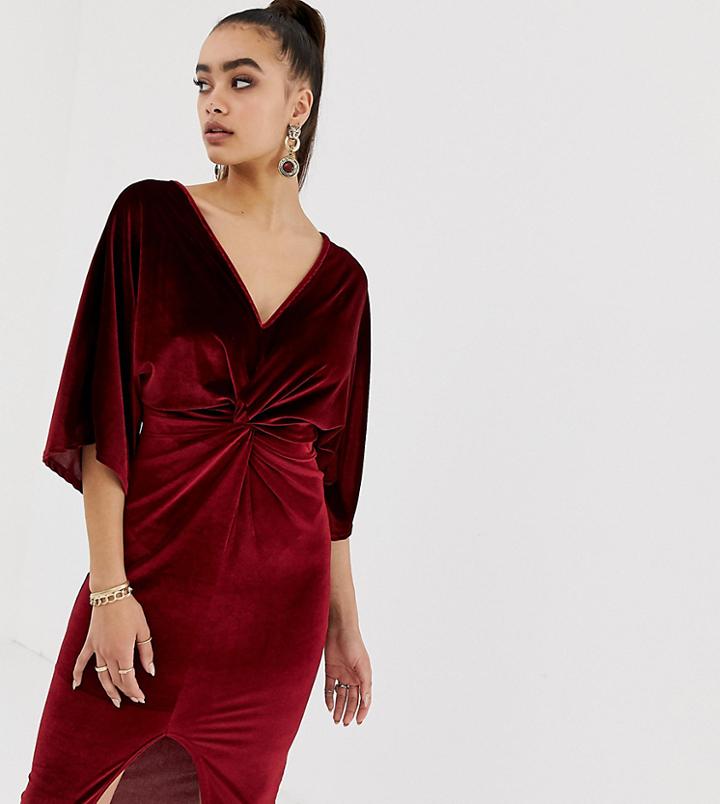 Missguided Velvet Plunge Twist Front Midi Dress In Dark Red - Red