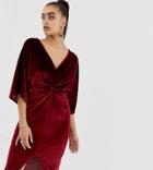 Missguided Velvet Plunge Twist Front Midi Dress In Dark Red - Red
