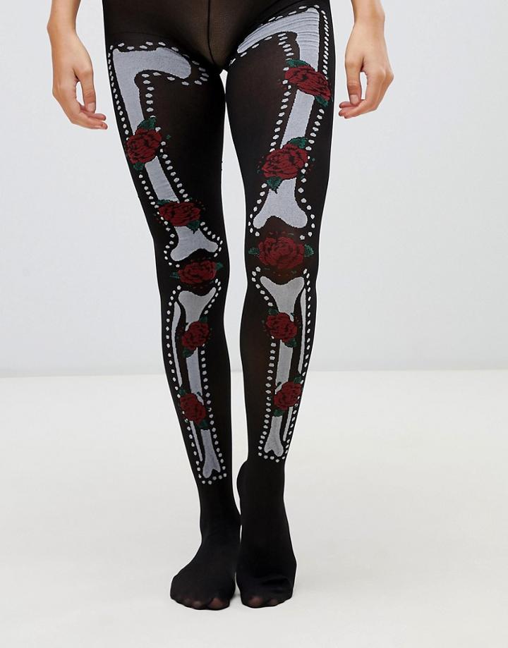 Asos Design Halloween Bone And Floral Tights - Black