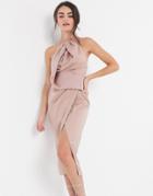 Asos Design Satin Halter Neck Midi Dress With Drape Bodice-pink