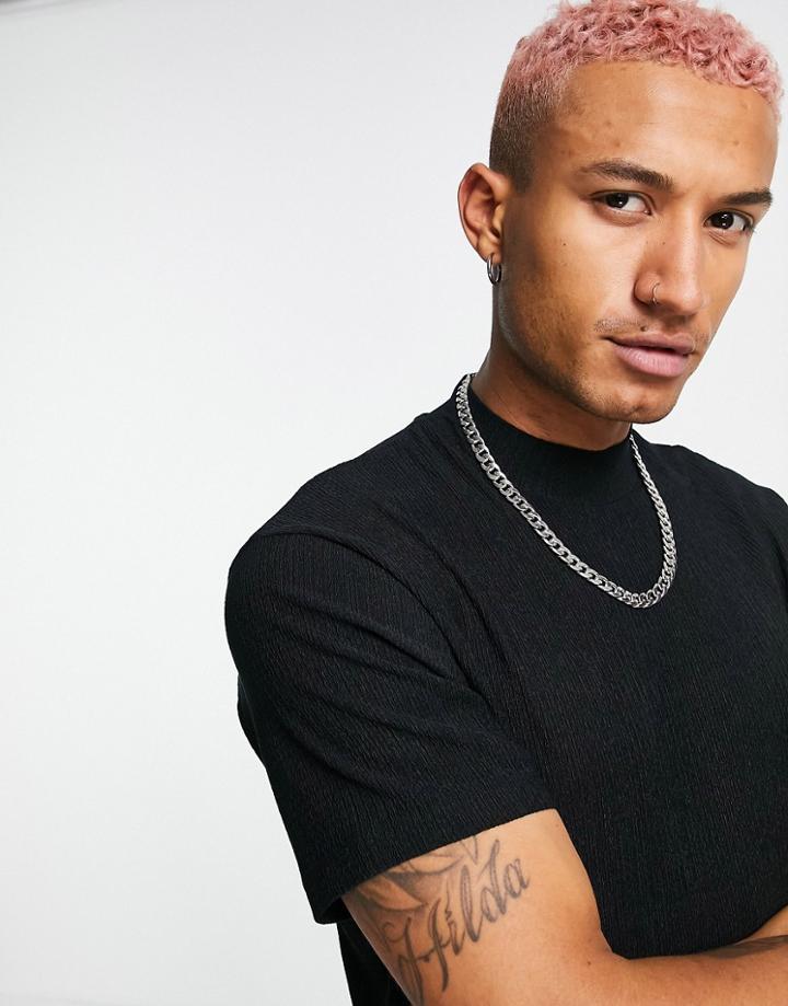 Asos Design T-shirt With High Neck In Black Plisse