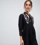 Asos Design Petite Embroidered Button Through Mini Tea Dress - Black