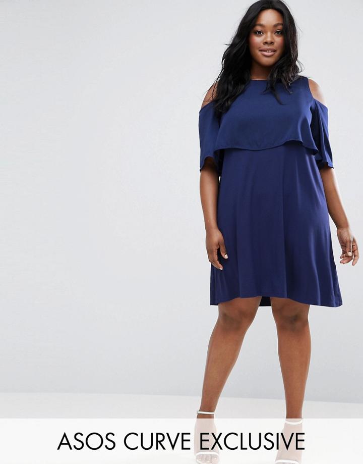 Asos Curve Skater Dress With Double Layer & Cold Shoulder - Blue