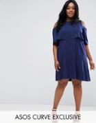 Asos Curve Skater Dress With Double Layer & Cold Shoulder - Blue