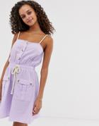 Asos Design Utility Mini Sundress With Tie Waist-purple