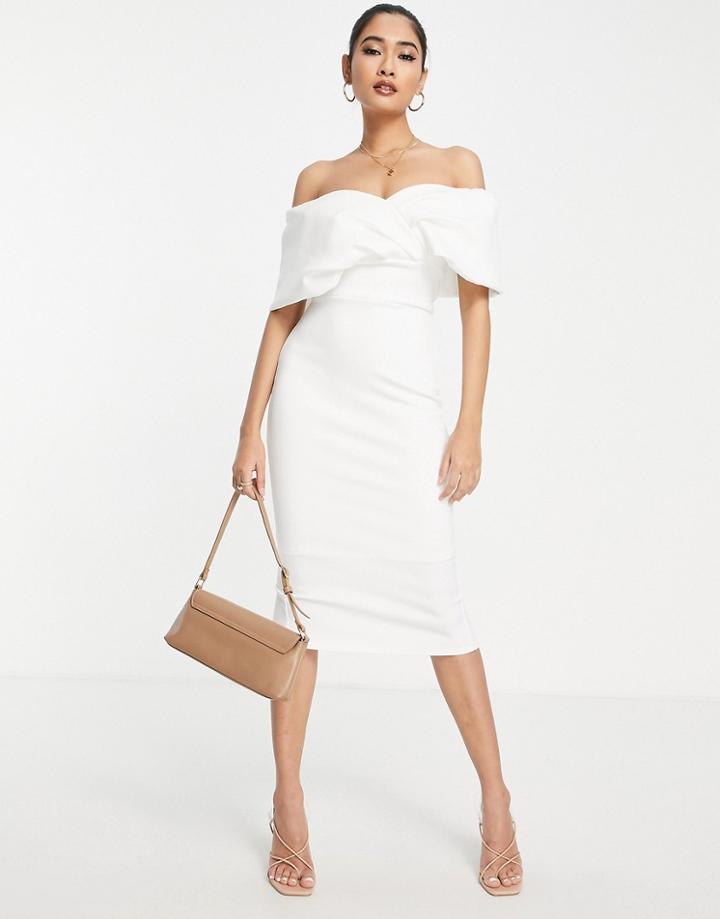 True Violet Off Shoulder Pencil Midi Dress In Ivory-white