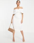 True Violet Off Shoulder Pencil Midi Dress In Ivory-white