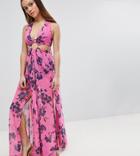 Asos Design Petite Pinky Floral Chiffon Maxi Beach Dress With Ring