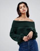 Vila Chunky Cable Knit Off Shoulder Sweater - Green