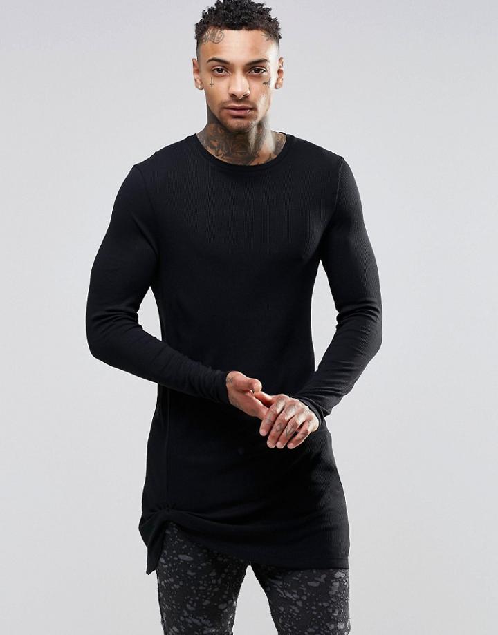 Asos Rib Super Longline Muscle Long Sleeve T-shirt With Twist Hem Detail - Black