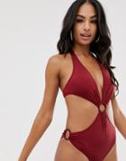 Asos Design Cut Out Waist Ring Plunge Swimsuit In Slinky Rust With Ring Detail-orange