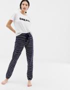 Boux Avenue Dream Ruffle Tee And Stripe Pants Pyjama Set In Navy - Multi
