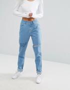 Noisy May Mom Jean With Scribble Detail & Raw Hem - Blue