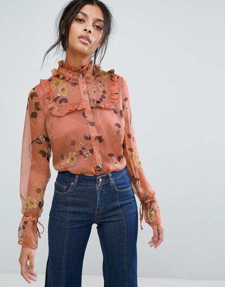 Gestuz Flower Pink Ruffle Chiffon Shirt - Multi