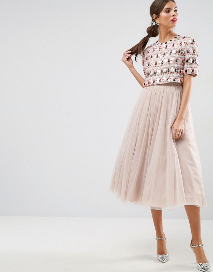 Asos Salon 3d Cluster Crop Top Tulle Midi Dress - Multi