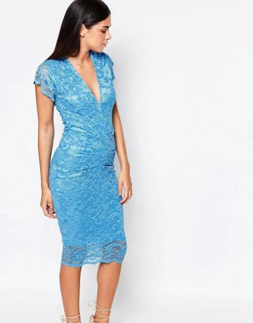 Honor Gold V Neck Lace Midi Dress - Blue