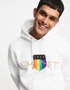 Gant Pride Capsule Rainbow Chest Crest Logo Hoodie In Eggshell White