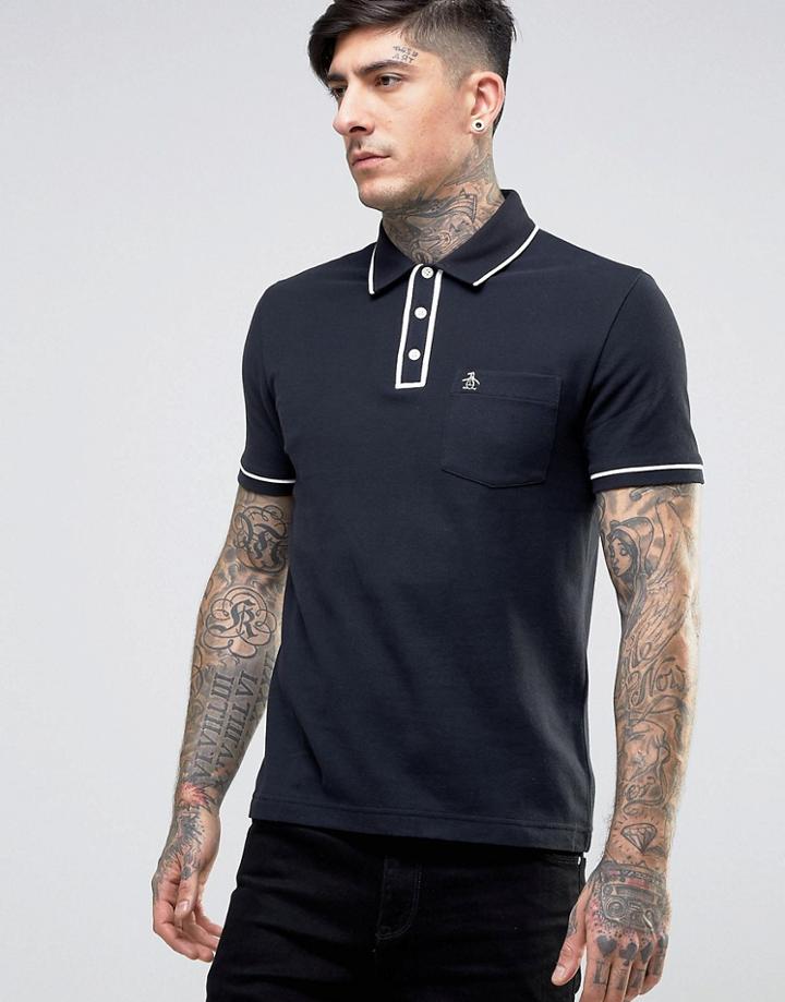 Original Penguin Earl Pique Polo Slim Fit Tipped Logo In Black - Black