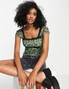 Topshop Printed Mesh Lace Trim Tee In Green