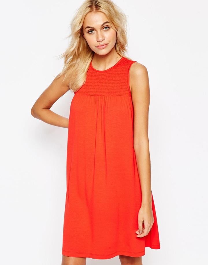 Asos Sleeveless Swing Dress With Ruching Detail - Red