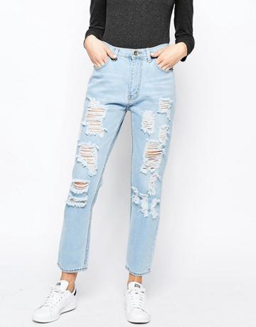 Good Vibes Bad Daze Ripped High Waisted Slim Jeans - Blue Wash