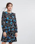 People Tree Organic Cotton Frill Shoulder Skater Dress In Bold Floral Print-black