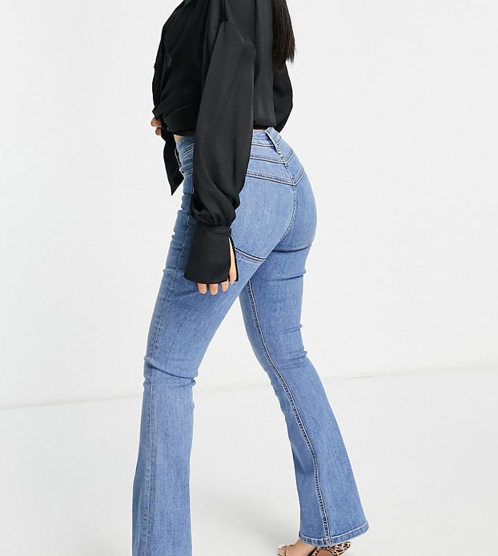 Asos Design Petite High Rise 'lift And Contour' Stretch Flare Jeans In Bright Blue