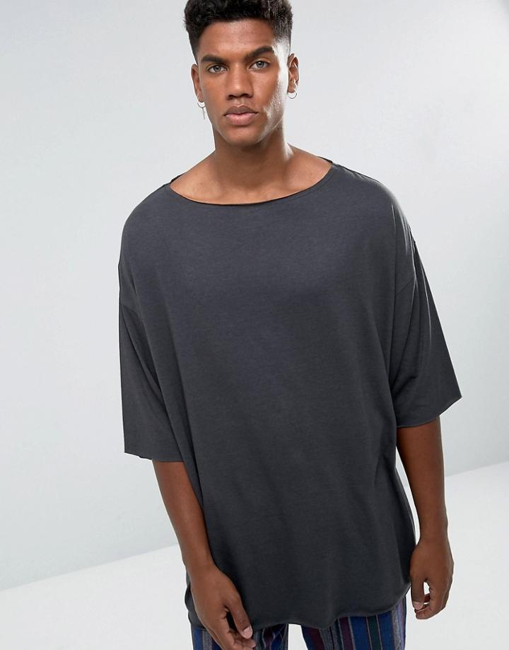 Asos Super Oversized Slinky T-shirt With Boat Neck In Black - Black