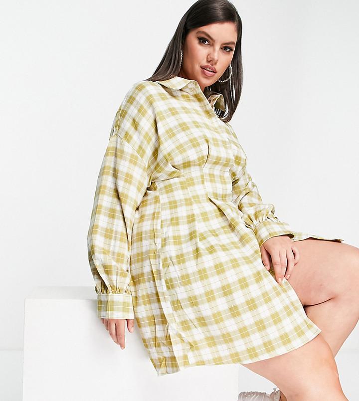 Missguided Plus Shirt Dress With Pleated Waist In Green Check