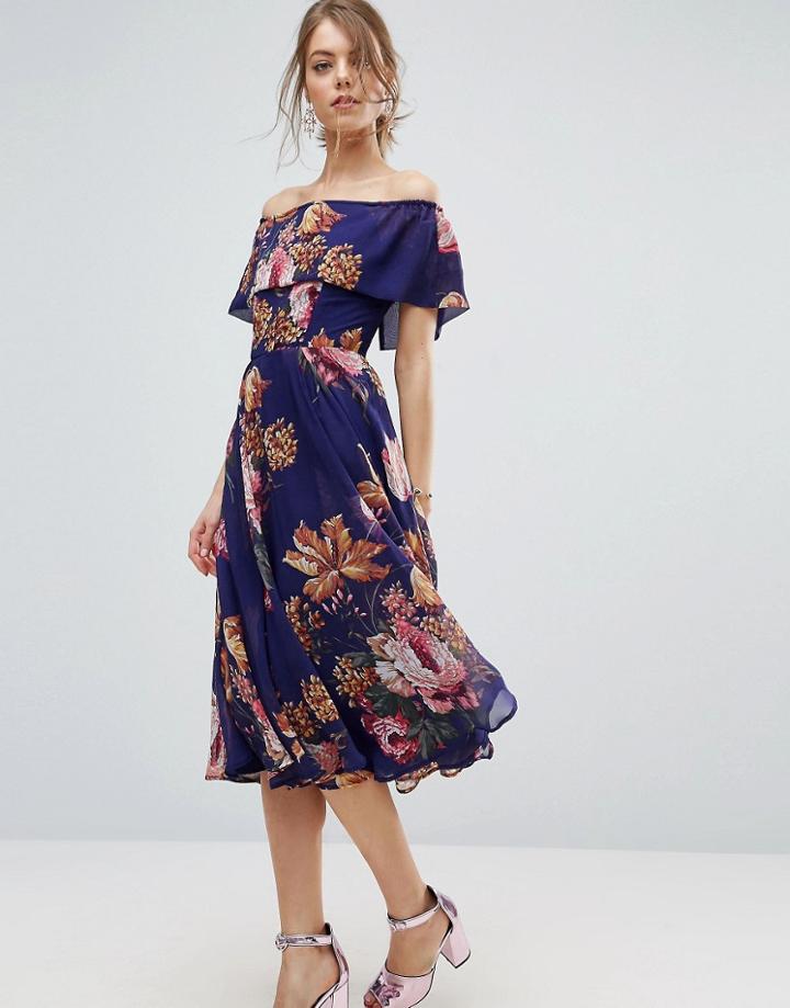 Asos Navy Floral Bardot Midi Dress - Navy