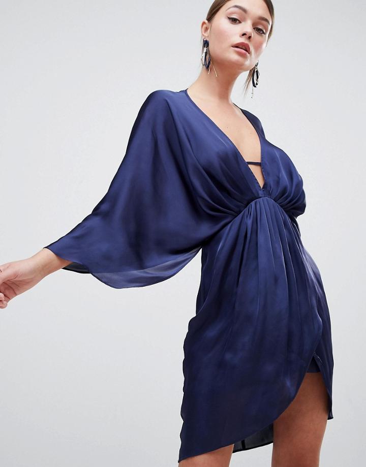 Asos Design Mini Plunge Satin Kimono Dress-navy