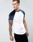 Asos T-shirt With Mini Curved Hem And Contrast Velour Raglan Sleeves In Navy - White
