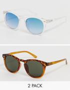 Asos Design 2 Pack Round Sunglasses In Tortoiseshell And Blue Mirror Save-multi