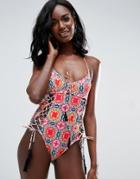 Asos Frida Circle Tile Print Swimsuit With Tassles - Multi