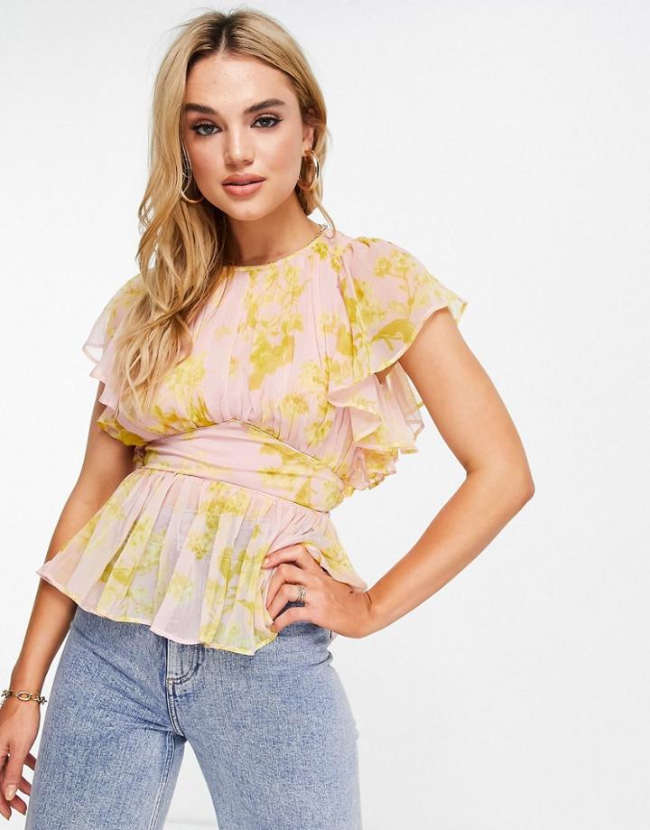 Asos Design Flutter Sleeve Top In Floral Print-multi