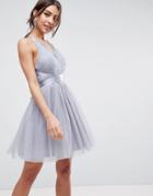 Asos Premium Lace Top Tulle Mini Prom Dress With Ribbon Ties - Gray